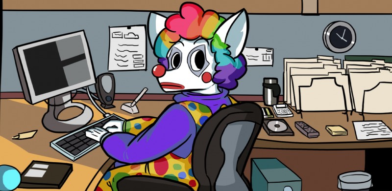 anthro biped clothing clown clown_nose computer costume desk electronics fur furniture gloves hair handwear keyboard looking_at_viewer makeup male multicolored_hair parody polka_dots rainbow_hair sitting solo table typing white_body white_fur anntxiudood how_y'all_mfs_look canid canine canis mammal wolf hi_res lol_comments meme