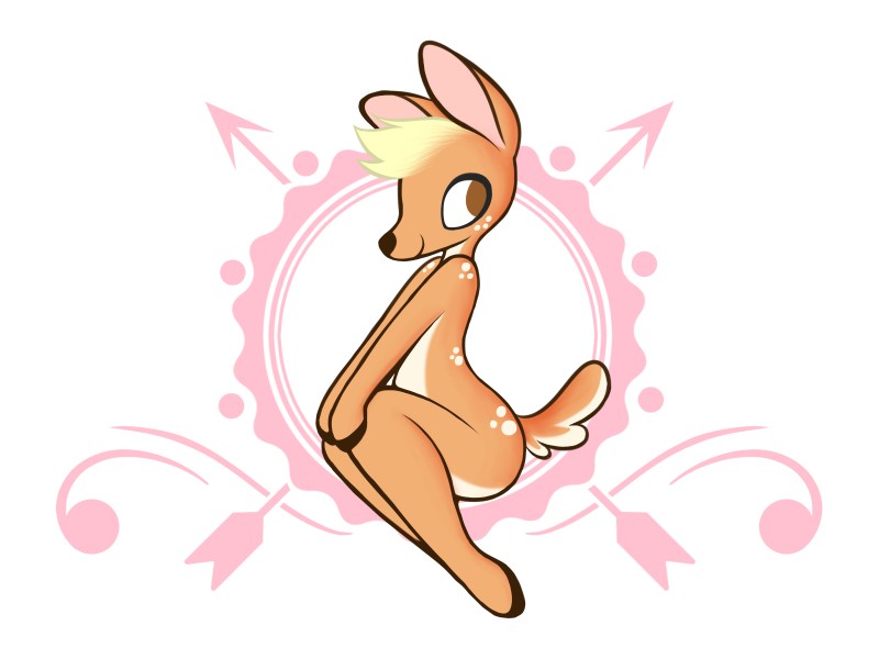 ambiguous_gender anthro blonde_hair brown_eyes butt fur hair hands_on_knees hands_on_legs hooves looking_back markings nude pose sitting smile solo spots spotted_body spotted_fur caffeinerabbit daphne_(deer) deer mammal 4:3 hi_res