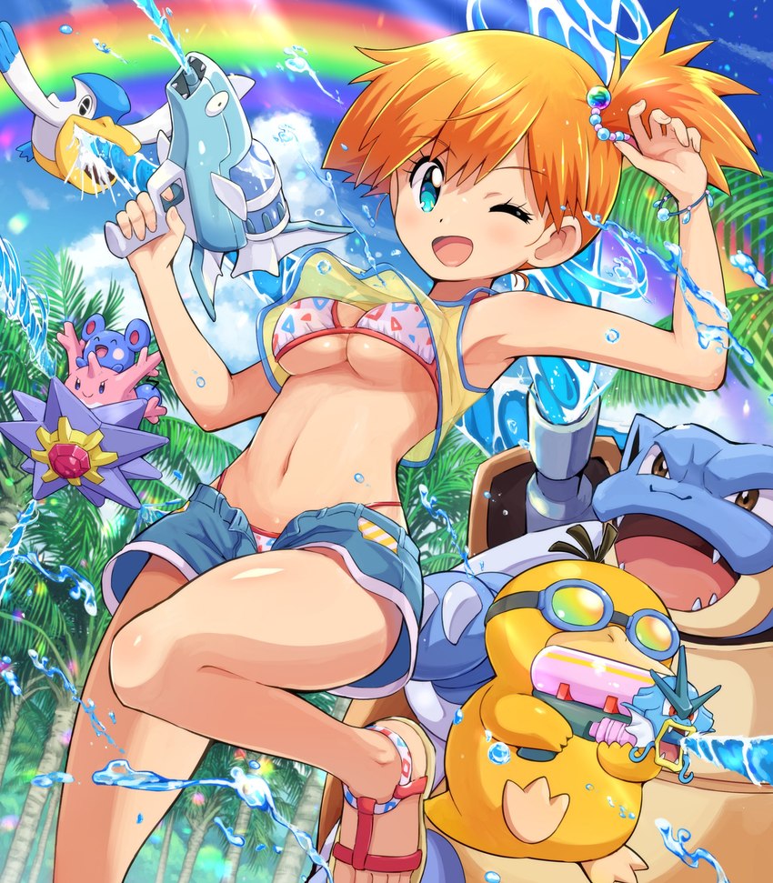 beak bikini blue_body blue_eyes breasts clothing eyewear female footwear goggles group gym_leader hair human_focus one_eye_closed orange_hair pink_body ponytail purple_body rainbow sandals shoes shoulder_cannon side_ponytail smile swimwear toy toy_gun two-piece_swimsuit water water_gun wink yellow_body pokemoa nintendo pokemon misty_(pokemon) azurill blastoise corsola generation_1_pokemon generation_2_pokemon generation_3_pokemon gyarados human mammal pelipper pokemon_(species) psyduck remoraid starmie togepi absurd_res hi_res