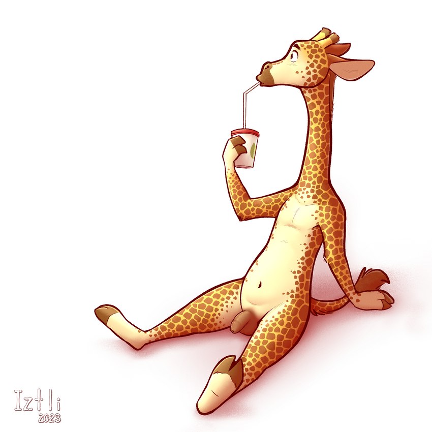 anthro balls beverage biped countershade_torso countershading eyebrows flaccid foreskin genitals holding_beverage holding_object hooves horn humanoid_genitalia humanoid_penis long_neck male navel ossicone penis simple_background sitting solo tail tail_tuft tuft white_background iztli giraffe giraffid mammal 1:1 2023 hi_res