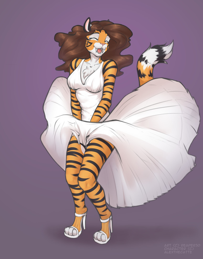 anthro brown_hair chest_tuft clothed clothing countershading dress female footwear fur hair high_heels open_mouth shoes smile solo striped_body striped_fur stripes tuft white_clothing white_dress white_footwear wind_lift reaper3d the_seven_year_itch alex_marx marilyn_monroe felid mammal pantherine prehistoric_species saber-toothed_tiger smilodon tiger digital_media_(artwork) hi_res shaded story story_in_description