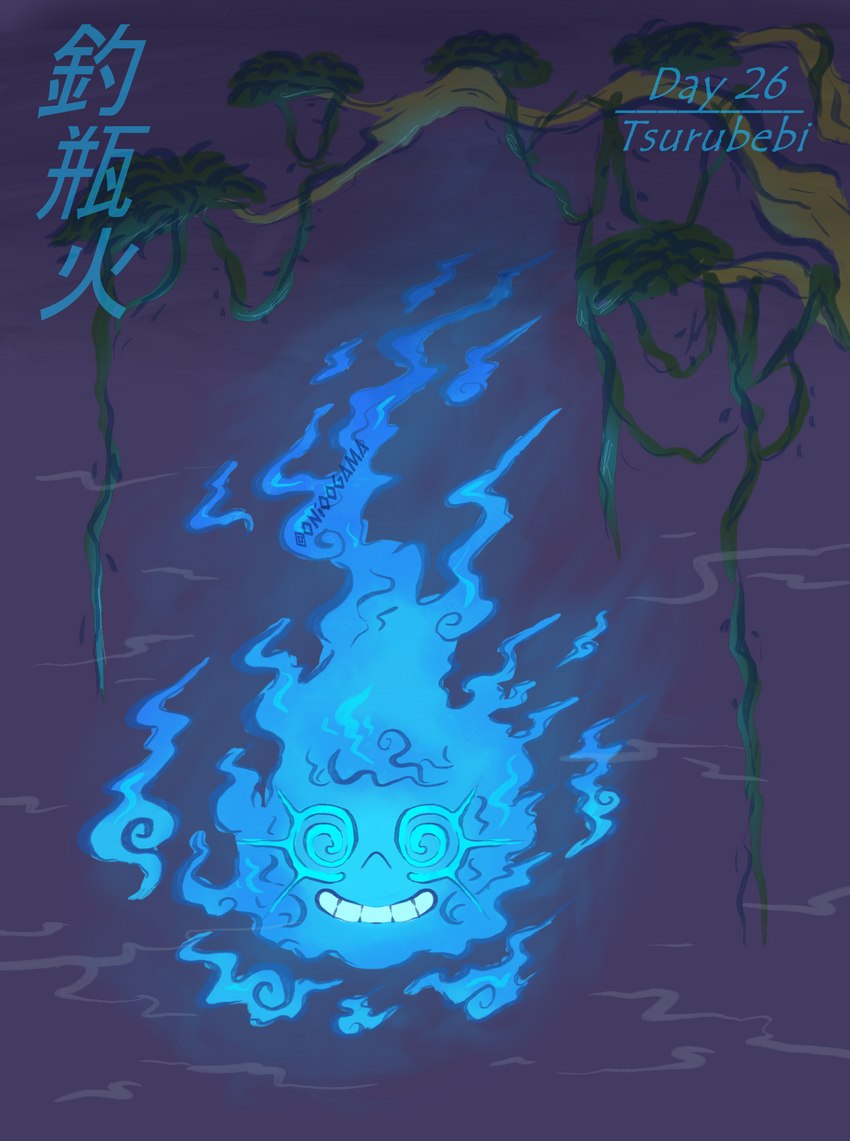 blue_body eyelashes female fire floating_head ghost_fire looking_at_viewer plant purple_background simple_background smile solo spiral_eyes text tree bangboodoragon asian_mythology east_asian_mythology japanese_mythology mythology elemental_creature fire_creature ghost spirit tsurubebi yokai absurd_res hi_res