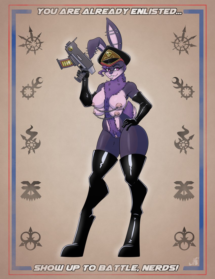 anthro astra_militarum breasts commissar female fur genitals gun imperial_guard mostly_nude multi_breast nipples nude nude_female pattern_background poster purple_body purple_fur pussy ranged_weapon simple_background solo weapon stogiegoatarts warhammer_(franchise) chaos_cultist lagomorph leporid mammal rabbit digital_drawing_(artwork) digital_media_(artwork) hi_res