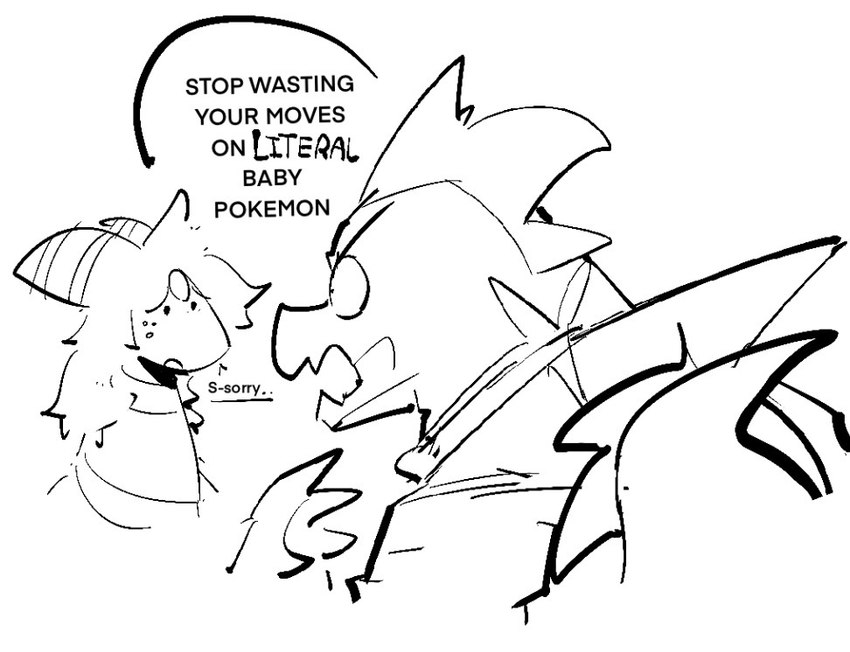 angry apologetic apology feral forehead_gem fur gem hair head_crest kerchief long_hair male open_mouth scales sharp_teeth simple_background solo speech_bubble spikes spikes_(anatomy) teeth text giotabby nintendo pokemon pokemon_mystery_dungeon spike_chunsoft ampharos bovid crocodilian feraligatr generation_2_pokemon mammal pokemon_(species) reptile scalie black_and_white english_text monochrome