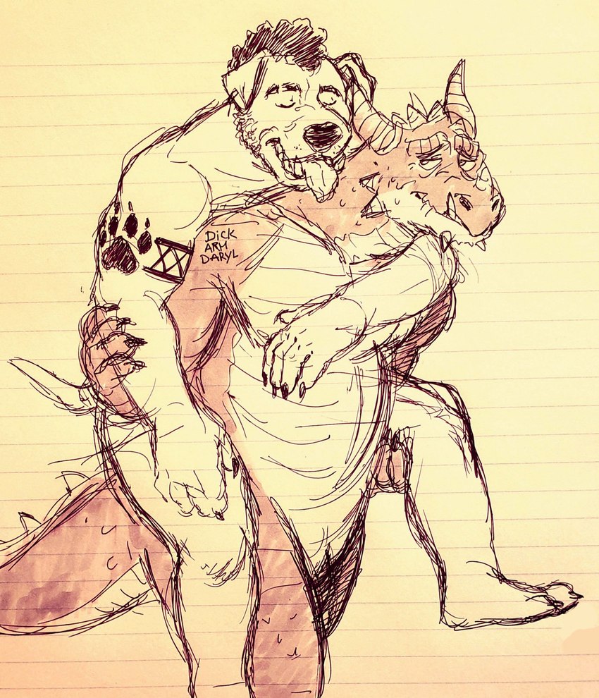 after_sex anthro carrying_another carrying_partner duo male male/male muscular slightly_chubby tail text tongue tongue_out conditional_dnp dickarmdaryl mythology dog_daryl_(dickarmdaryl) canid canine canis domestic_dog dragon mammal mythological_creature mythological_scalie pitador scalie english_text hi_res sketch traditional_media_(artwork)