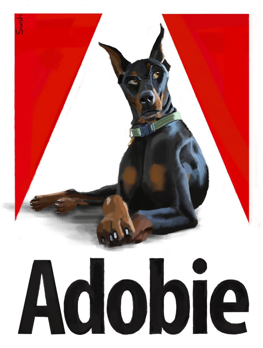 ambiguous_gender brown_eyes collar eye_roll feral humor looking_away pun shadow sitting solo text swish adobe canid canine canis dobermann domestic_dog mammal pinscher 2016 absurd_res digital_media_(artwork) hi_res