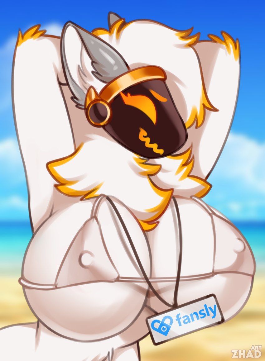 anthro big_breasts breasts clothing curvy_female curvy_figure female fluffy hands_behind_head huge_breasts machine protogen_visor seductive solo swimwear topwear visor zhadart juno_(my_furry_protogen) protogen hi_res