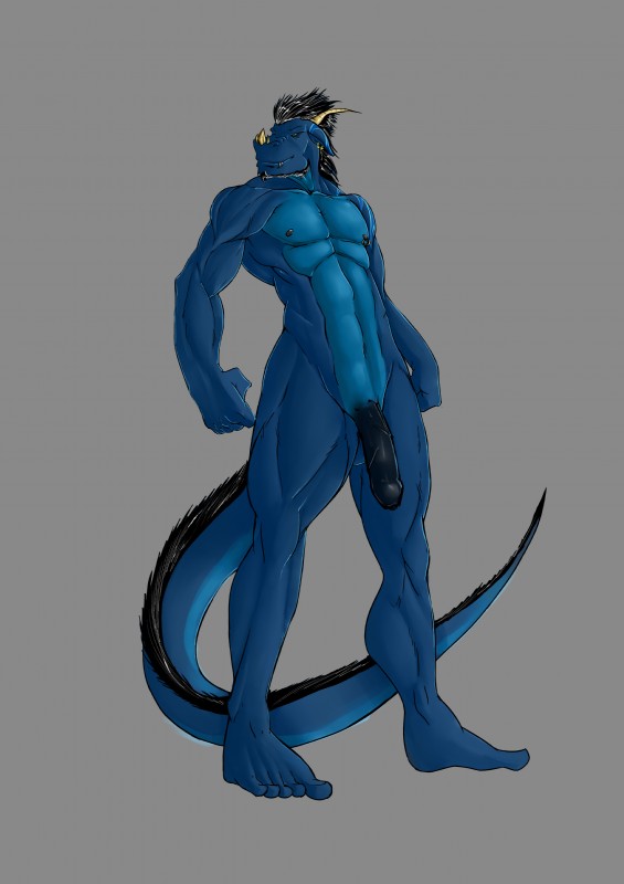 anthro beard black_penis blue_body blue_skin facial_hair feet foreskin genitals grey_background half-erect horn humanoid_genitalia humanoid_penis male muscular muscular_anthro muscular_male nipples penis piercing simple_background solo tail lunamoth mythology marco_scalger dragon mythological_creature mythological_scalie scalie absurd_res hi_res