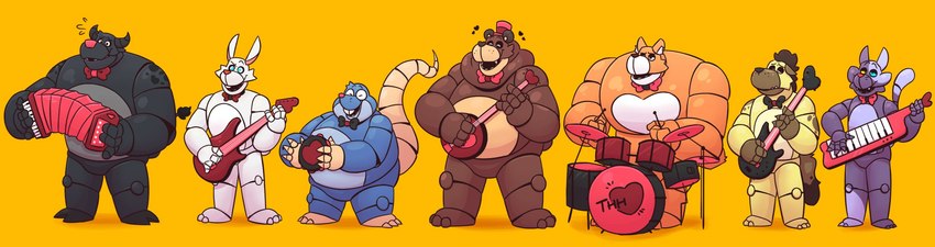 anthro belly black_body blue_body bow_tie brown_body clothing eyes_closed group hat headgear headwear humanoid_hands machine male musical_instrument orange_body overweight overweight_male simple_background sitting white_body yellow_background leothelionel five_nights_at_freddy's scottgames the_human_heart_(game) ace_cottontail cade_maplebottom dylan_ramos lars_yoshida rorik_dahl sidney_stourton tyler_laurent bear bovid bovine canid canine canis cattle domestic_cat domestic_dog eulipotyphlan felid feline felis hyena lagomorph leporid mammal mole_(animal) rabbit robot 2021 hi_res