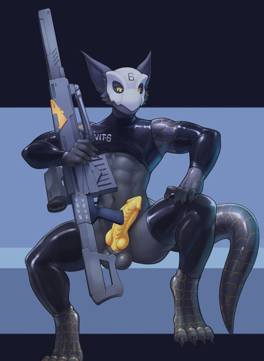 abs anthro balls barazoku biceps big_balls big_gun big_penis black_body bone clothing genitals glans gun holding_gun holding_object holding_ranged_weapon holding_weapon knot knotted_penis latex latex_clothing looking_at_viewer male mask mostly_nude_anthro mostly_nude_male muscular muscular_anthro muscular_male pecs penis ranged_weapon reptilian_penis ridged_penis skull skull_mask solo weapon yellow_eyes yellow_penis aidennguyen17 capcom monster_hunter unit6 flying_wyvern nargacuga 2023 absurd_res hi_res