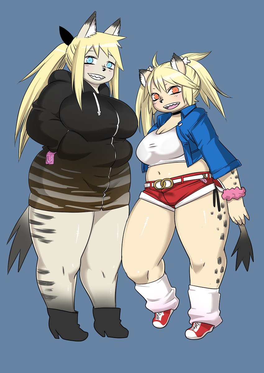 anthro big_breasts black_clothing black_hoodie black_topwear blonde_hair blue_background blue_clothing blue_eyes blue_topwear blush blush_lines bottomwear bracelet breasts choker cleavage clothed clothing dipstick_tail duo female footwear fur grey_body grey_clothing grey_footwear grey_fur grey_shoes grey_spots grey_stripes hair hands_in_both_pockets hoodie huge_breasts jewelry looking_at_viewer markings navel necklace open_mouth orange_eyes ponytail red_bottomwear red_clothing red_footwear red_shoes red_shorts sexual_barrier_device sharp_teeth shoes shorts simple_background smile socks spots stripes tail tail_markings tan_body tan_fur teeth thick_thighs topwear white_clothing white_footwear white_socks white_topwear wide_hips kjm_video hyena mammal spotted_hyena striped_hyena absurd_res hi_res