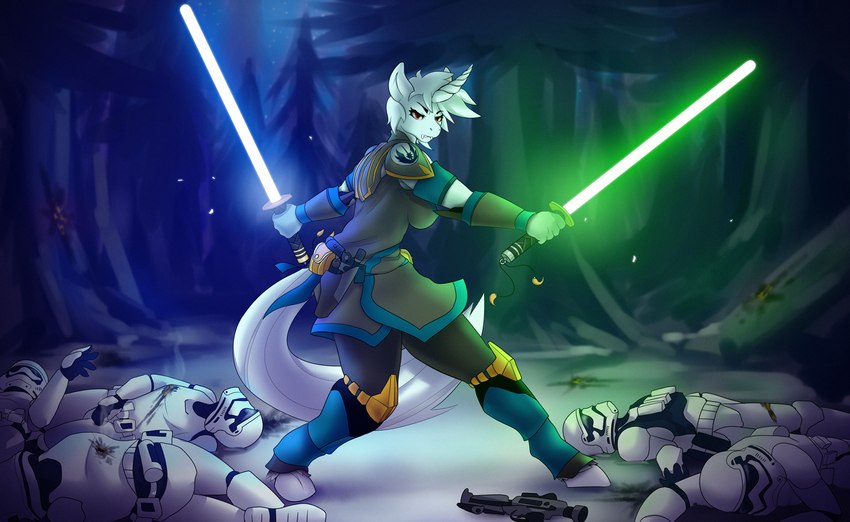 anthro blaster blood blue_lightsaber bodily_fluids breasts death dual_wielding female fighting_pose forest green_lightsaber group holding_object holding_weapon horn jedi lightsaber melee_weapon plant pose snow tree weapon lysergide hasbro my_little_pony mythology star_wars fan_character stormtrooper ultima_(oc) equid equine mammal mythological_creature mythological_equine unicorn full-length_portrait hi_res portrait