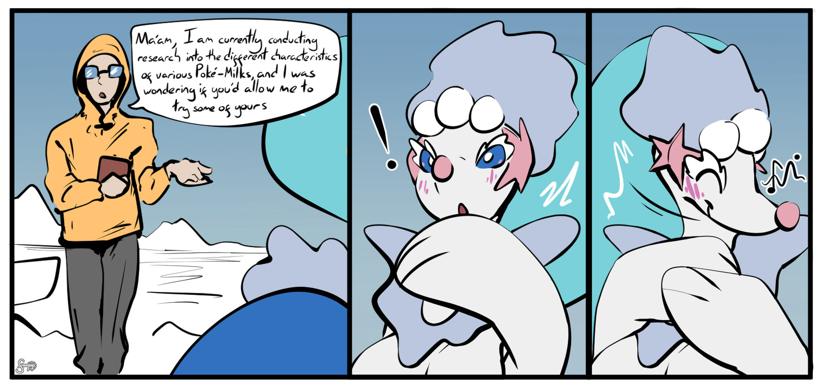 3_fingers biped blue_body blue_skin blue_tail blush blush_lines border breasts clothing duo exclamation_point eyes_closed eyewear female feral fingers glasses male male/female musical_symbol nude outside pink_blush speech_bubble standing starfish_(accessory) symbol tail text wearing_glasses white_body white_border white_breasts white_skin fizzpop nintendo pokemon asterozoan echinoderm generation_7_pokemon human mammal marine pokemon_(species) primarina starfish 2025 comic english_text hi_res multiple_images watermark