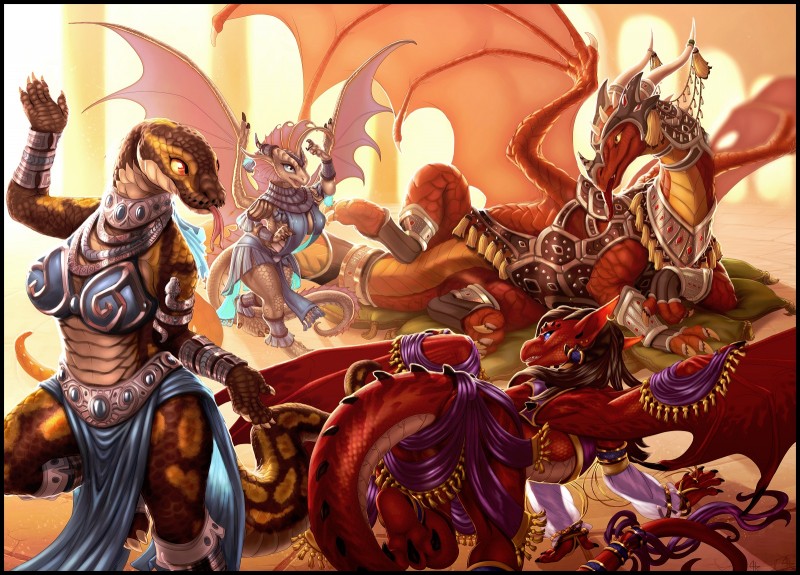 anthro armor black_bars breasts clothed clothing featureless_crotch female female_anthro femboy feral group harem horn jewelry male non-mammal_breasts standing tail wings acidapluvia artonis mythology adria_(adleisio) argenta blazer_flamewing mnementh ball_python dragon mythological_creature mythological_scalie python python_(genus) reptile scalie snake hi_res letterbox