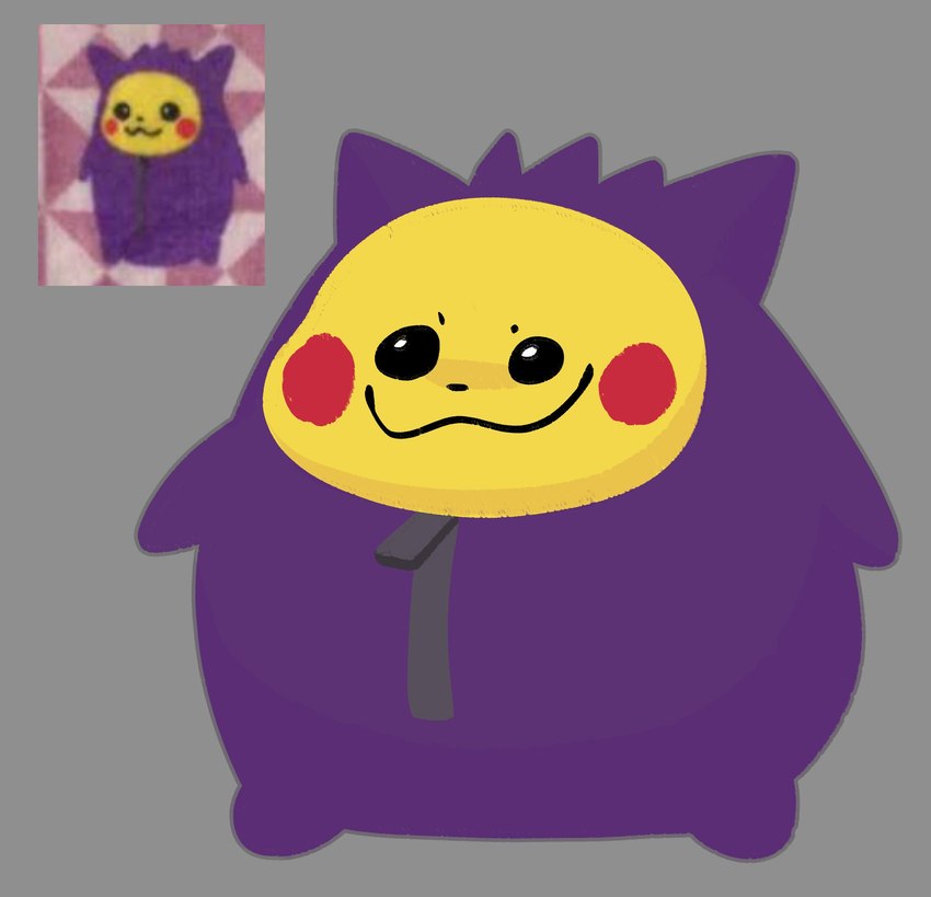 :3 biped black_eyes black_nose clothed clothed_ambiguous clothed_feral clothing costume featureless_feet featureless_hands feet feral fur humor male male_feral no_sclera obese obese_feral obese_male overweight overweight_feral overweight_male purple_clothing purple_costume red_cheeks reference_image semi-anthro smile solo standing yellow_body yellow_fur zipper toxicsoul77 nintendo pokemon grape_(toxicsoul77) generation_1_pokemon gengar mammal pikachu pokemon_(species) rodent 2021 hi_res