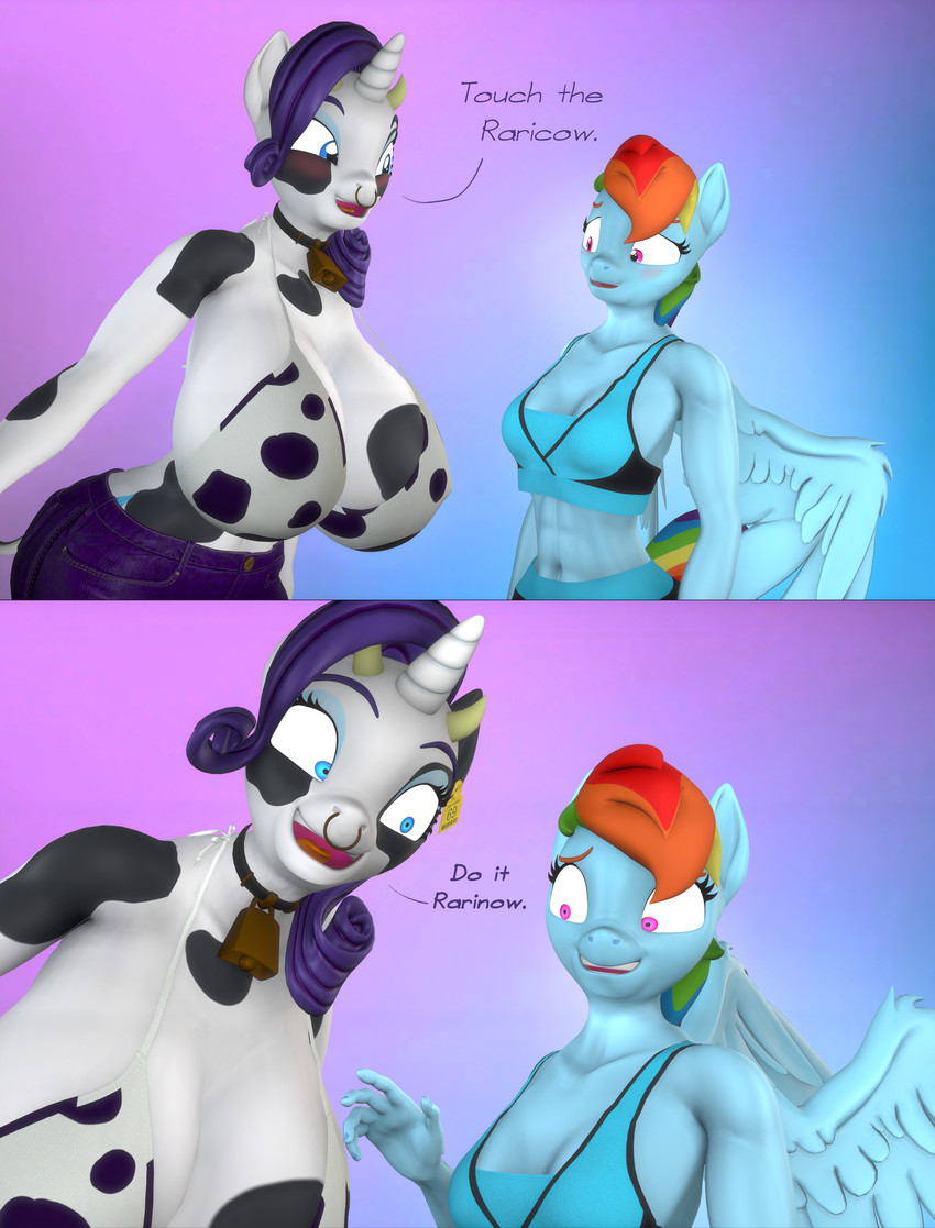 abs anthro anthrofied big_breasts blush breast_size_difference breasts cleavage clothed clothing collar cowbell dialogue duo facial_piercing female gradient_background horn huge_breasts muscular muscular_female nose_piercing nose_ring piercing ring_piercing simple_background text wings donglysfm friendship_is_magic hasbro my_little_pony mythology fan_character rainbow_dash_(mlp) raricow_(mlp) rarity_(mlp) equid equine mammal mythological_creature mythological_equine pegasus unicorn 3d_(artwork) absurd_res digital_media_(artwork) english_text hi_res