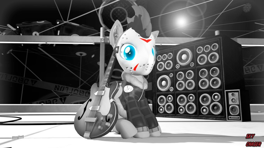 blue_eyes clothing electric_guitar feral glowing glowing_eyes guitar hockey_mask jacket lights looking_at_viewer male mask musical_instrument plucked_string_instrument sitting solo speaker sports_mask sportswear stage string_instrument topwear wings sky_chaser friendship_is_magic hasbro my_little_pony mythology sky_chaser_(character) canid canine canis equid equine horse hybrid mammal mythological_creature mythological_equine pegasus pony wolf 16:9 3d_(artwork) digital_media_(artwork) hi_res source_filmmaker_(artwork) widescreen