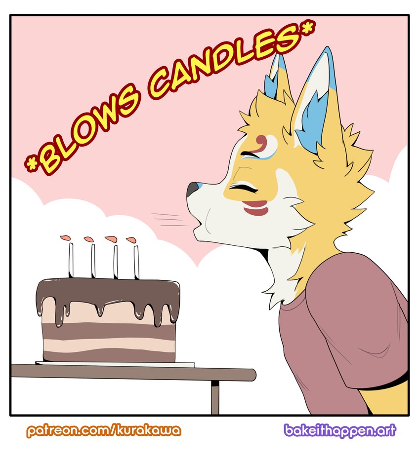 anthro biped birthday_cake blowing brown_clothing brown_shirt brown_topwear cake candle clothing dessert facial_markings food head_markings male markings shirt slim_anthro slim_male solo topwear kurarifox kurari_(deruu) canid canine fox mammal 2024 hi_res