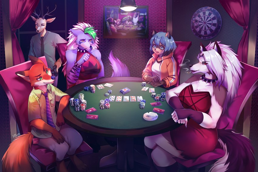 anthro antlers bottomwear chair cheat cigarette clothed clothing collar dart dartboard detailed_background ear_piercing ear_ring female fully_clothed furniture group horn inside male miniskirt necktie night on_chair pants piercing poker_cards poker_chip poker_table ring_piercing sitting skirt smoking smoking_cigarette spiked_collar spikes table myoniis beastars brand_new_animal disney dogs_playing_poker five_nights_at_freddy's five_nights_at_freddy's:_security_breach helluva_boss mythology scottgames steel_wool_studios studio_trigger zootopia loona_(helluva_boss) louis_(beastars) michiru_kagemori nick_wilde roxanne_wolf animal_humanoid canid canid_demon canid_humanoid canine canine_humanoid canis cervine deer demon fox hellhound humanoid mammal mammal_humanoid mythological_canine mythological_creature red_deer red_fox tanuki_humanoid true_fox wolf 3:2 absurd_res crossover hi_res