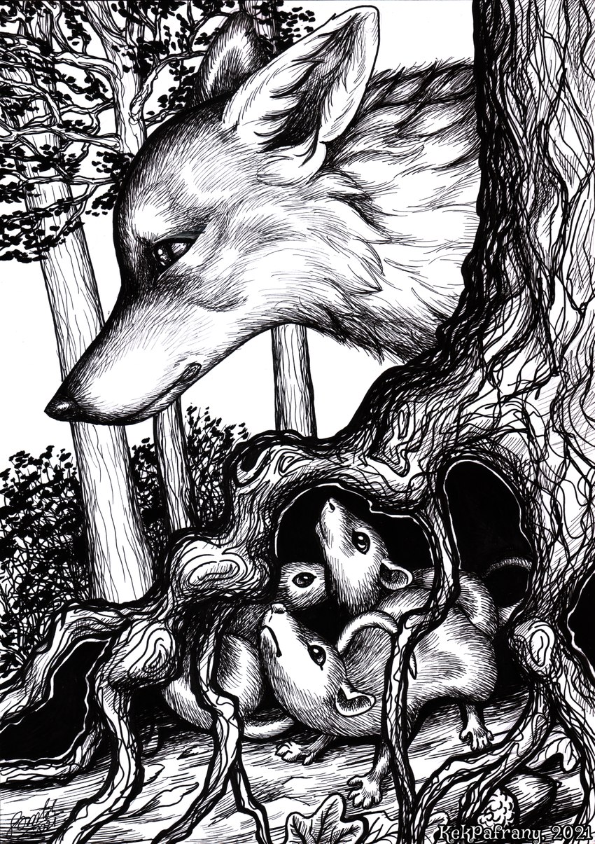 ambiguous_gender feral forest group hiding hunter hunting plant roots tree kekpafrany canid canine fox mammal murid murine rat rodent 2021 hi_res monochrome signature traditional_media_(artwork)