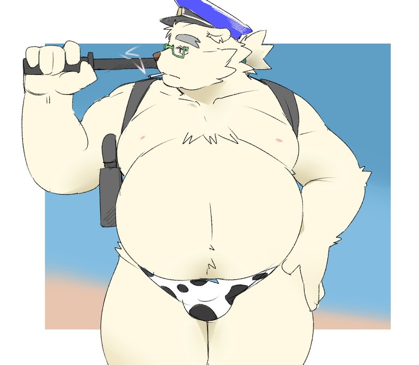 anthro belly bulge cigarette clothing eyebrows eyewear fur glasses gun_holster male overweight police police_baton police_hat smoking solo thick_eyebrows thong underwear white_body white_fur inunoshippo lifewonders tokyo_afterschool_summoners leib_(tas) bear mammal polar_bear ursine