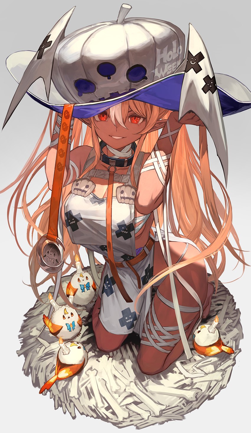 apron apron_only belt big_breasts biped bird_nest black_collar blonde_hair blue_ribbon bone breasts brown_eyes clothing collar feathers female for_a_head hair holidays humanoid_pointy_ears leash leashed_collar long_hair looking_at_viewer plus_sign pointy_ears pumpkin_hat pumpkin_head red_eyes simple_background smile tan_body tan_skin teeth thong underwear white_background white_body white_clothing white_feathers white_hair white_thong white_underwear lalalalack halloween hololive vtuber flare_shiranui avian bird elf ghost humanoid object_head spirit 2022 digital_media_(artwork) hi_res