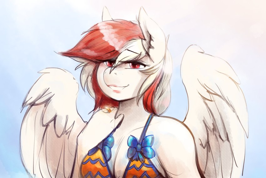 anthro bikini bow_(feature) clothing female hair lips lipstick looking_at_viewer makeup multicolored_hair pink_lips pink_lipstick red_hair ring solo swimwear two-piece_swimsuit two_tone_hair white_hair wings replica_(artist) hasbro my_little_pony mythology array_(oc) fan_character equid equine mammal mythological_creature mythological_equine pegasus absurd_res bust_portrait hi_res portrait