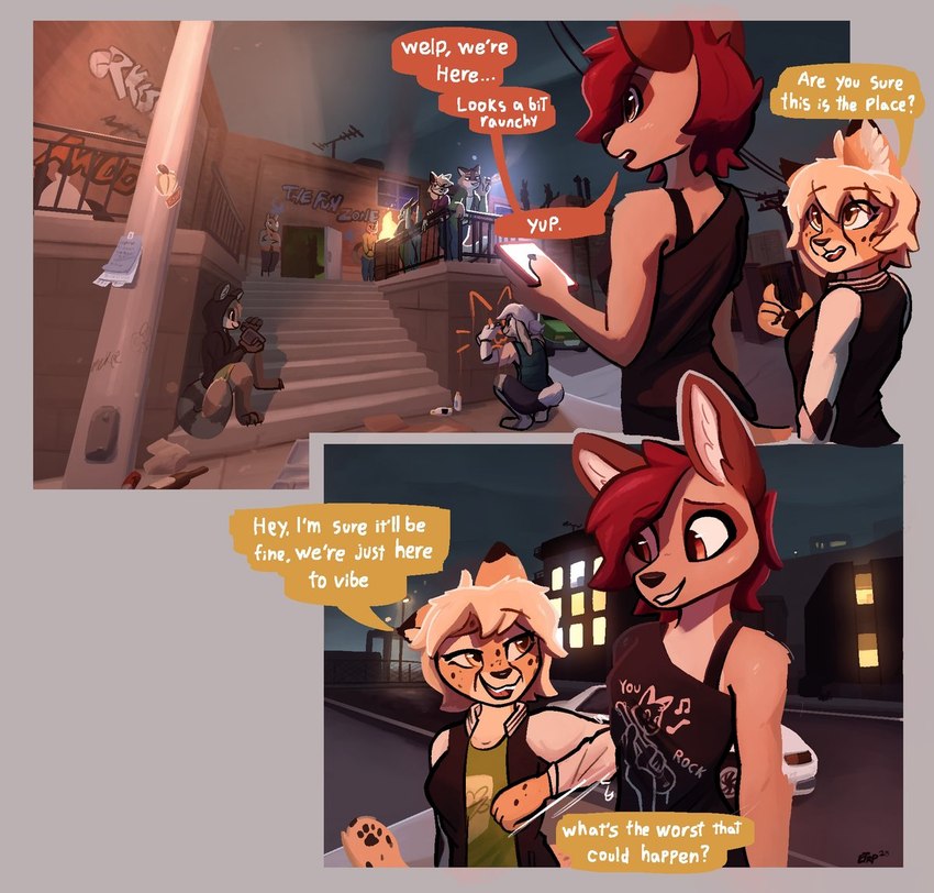 anthro building car cellphone clothed clothing detailed_background dialogue duo elbowing electronics female fully_clothed fur hair inner_ear_fluff jacket letterman_jacket night outside party phone red_hair shirt sitting smartphone speech_bubble stairs tail tan_body tan_fur text topwear tuft vehicle white_hair yellow_body yellow_fur enginetrap mythology aurora_(spacecamper) melody_(graveling) moses_(samur_shalem) syl_(enginetrap) canid canine canis cheetah dragon felid feline jackal lagomorph leporid mammal mythological_creature mythological_scalie procyonid rabbit raccoon rhinoceros scalie 2023 comic english_text