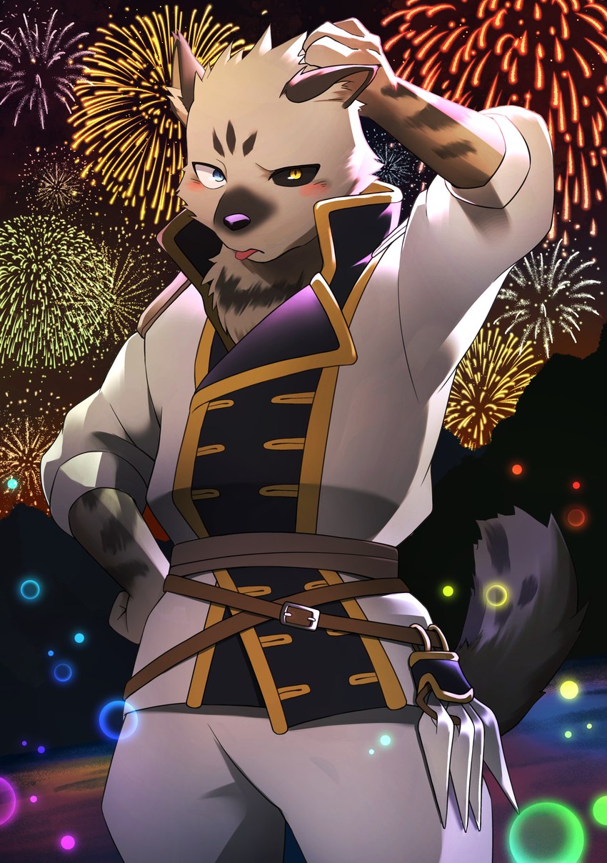 belt black_sclera blue_eyes blush clothed clothing fireworks fur heterochromia inner_ear_fluff looking_at_viewer male night solo tan_body tan_fur tongue tongue_out tuft yellow_eyes kouga0225 sacrificial_princess_and_the_king_of_beasts lanteveldt hyena mammal absurd_res hi_res