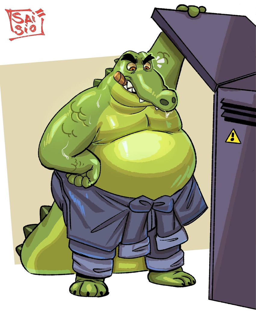 3_toes anthro belly big_belly biped bodily_fluids feet green_body male moobs overweight overweight_male smoking solo sweat toes said_the_saisio robot_dreams ed_(robot_dreams) alligator alligatorid crocodilian reptile scalie 2024 absurd_res hi_res