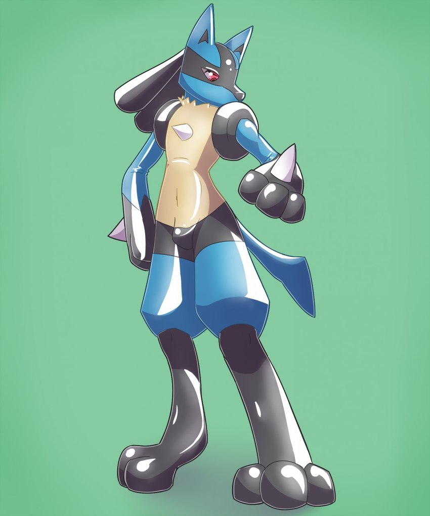 anthro black_body black_fur blue_body blue_fur bulge clothing fur glistening glistening_body male pokesuit printed_eyes simple_background skinsuit solo spikes spikes_(anatomy) standing suit suiting tan_body tan_fur tight_clothing helixjack nintendo pokemon differus generation_4_pokemon lucario pokemon_(species) hi_res