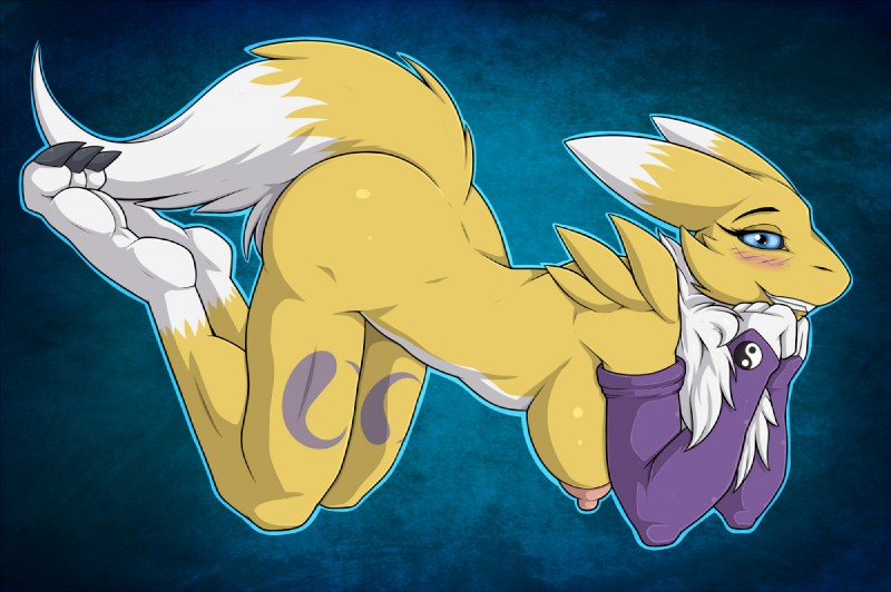 abstract_background anthro blue_eyes blush breasts digitigrade female fur hanging_breasts looking_at_viewer nipples solo tail tuft white_body white_fur yellow_body yellow_fur kurtassclear bandai_namco digimon canid canine digimon_(species) mammal renamon