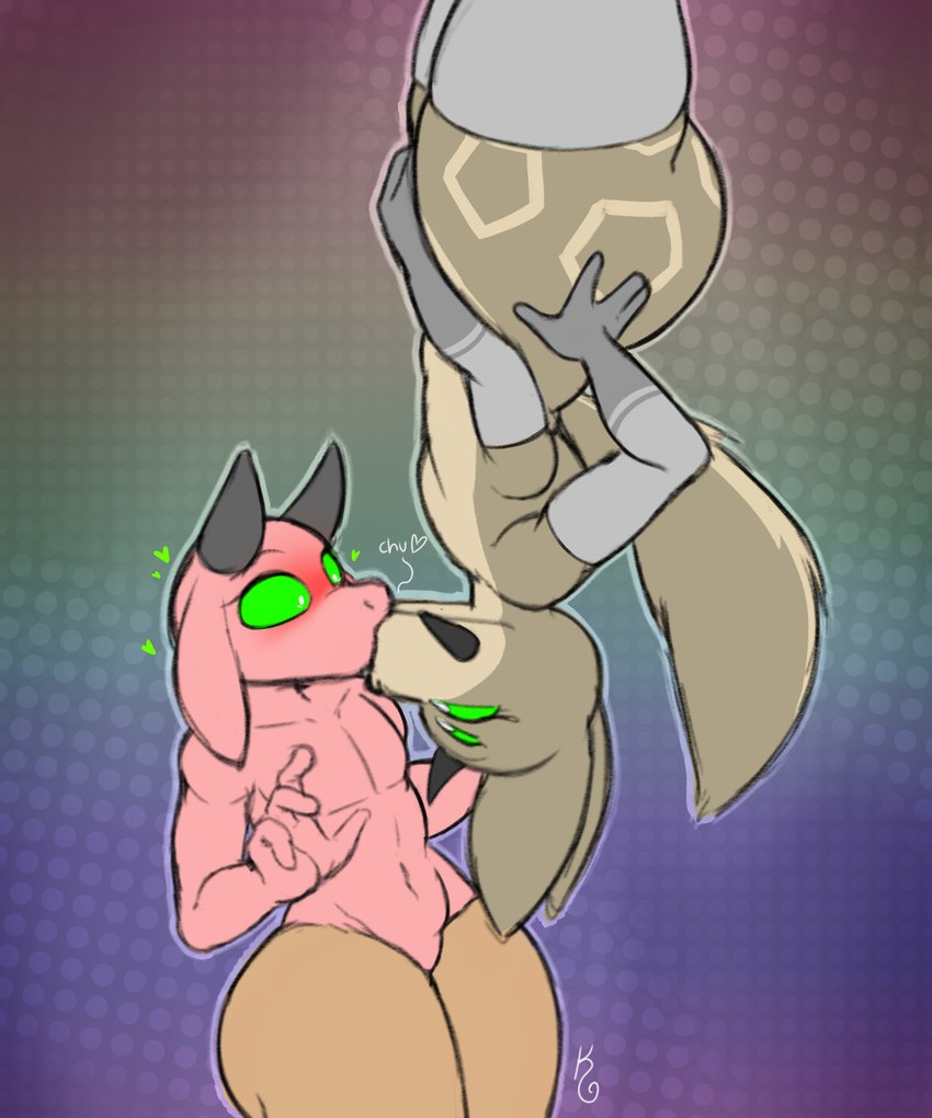 anthro blush duo femboy green_eyes hands_on_hips heart_symbol horn kissing looking_at_another male navel pink_body pink_ears standing upside_down katzenart doom_(series) furdoom id_software microsoft joshua_(katzenart) sasha_(katzenart) bovid caprine demon goat mammal spiderfennec 5:6 absurd_res digital_drawing_(artwork) digital_media_(artwork) hi_res signature