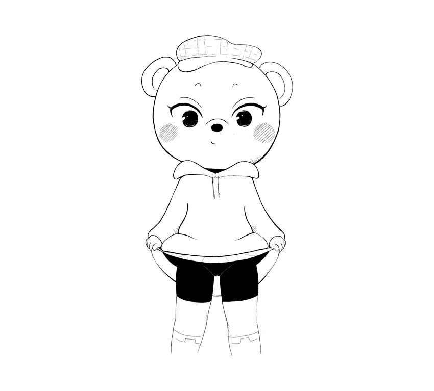 anthro blush bottomwear clothed clothing clothing_lift female skirt skirt_lift solo francat bear mammal absurd_res character_request hi_res line_art monochrome sketch