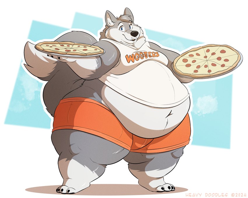 anthro black_nose bottomwear clothing copyright_symbol dipstick_tail food fur holding_food holding_object looking_at_viewer male markings obese overweight overweight_anthro overweight_male pizza serving shorts solo symbol tail tail_markings white_body white_fur heavy_doodles tieg_graywolf canid canine canis mammal wolf 5:4 absurd_res hi_res