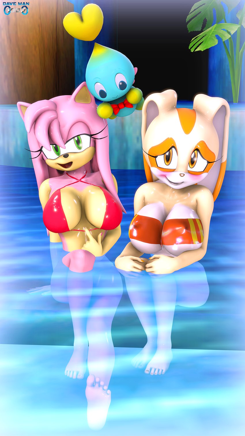 aged_up anthro big_breasts bikini bikini_pull blush breasts chao_garden clothing clothing_pull female group heart_symbol looking_at_viewer nipple_outline partially_submerged pond sitting smile swimwear swimwear_pull trio two-piece_swimsuit water daveman1000 sega sonic_the_hedgehog_(series) amy_rose cheese_the_chao cream_the_rabbit chao_(sonic) eulipotyphlan hedgehog lagomorph leporid mammal rabbit 3d_(artwork) 9:16 digital_media_(artwork) hi_res