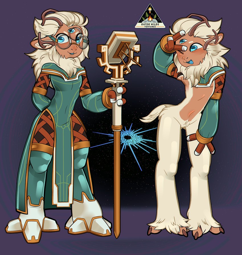 anthro breasts clothed clothing female genitals gesture hand_gesture nipples nude nude_anthro nude_female one_eye_closed partially_clothed pussy small_breasts solo v_sign wink rebarchi outer_wilds solanum_(outer_wilds) bovid caprine goat mammal nomai 2023 absurd_res hi_res