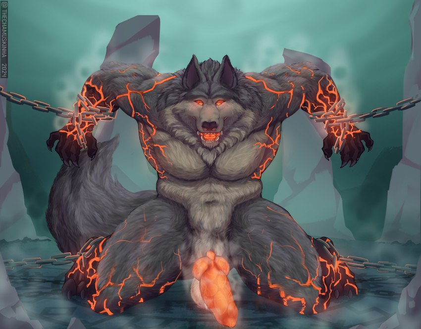 animal_genitalia anthro balls bdsm canine_genitalia claws elemental_manipulation erection fire fire_manipulation fur genitals knot knotted_penis lava male musk musky_penis nipples nude orange_penis penis sheath simple_background solo steam tail chamuskinha mythology smite fenrir_(smite) canid canine canis elemental_creature lava_creature mammal mineral_fauna mythological_canine mythological_creature werecanid werecanine werecreature werewolf wolf absurd_res digital_media_(artwork) hi_res