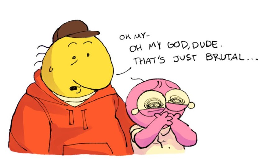 bodily_fluids clothed clothing covering covering_mouth crying disturbed duo hoodie male oh_my_god scribble_eyes shocked simple_background tears text topwear white_background natibranch adult_swim cartoon_network smiling_friends charlie_dompler pim_pimling critter_(smiling_friends) humanoid english_text