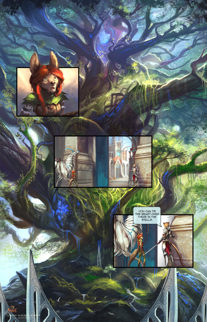 anthro architecture archway armor armor_plates blue_hues breastplate breasts building clothing creek dialogue ears_up ehraan_city female feral flying giant_tree green_eyes group guard guard_position hair holding_object holding_weapon impressed looking_up open_mouth plant red_hair reins saddle spread_wings tail text tree vines walking weapon wide_eyed wings alectorfencer myre mythology myre_(alectorfencer) varug avian canid canine canis coyote dragon felid lion mammal mythological_creature mythological_scalie pantherine scalie wingless_dragon comic english_text hi_res