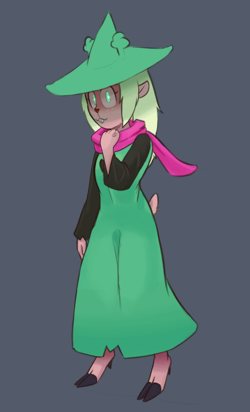 anthro blonde_hair buckteeth cosplay female green_eyes hair holding_scarf looking_at_viewer red_nose scarf solo teeth hitsuji deltarune undertale_(series) noelle_holiday ralsei deer mammal hi_res