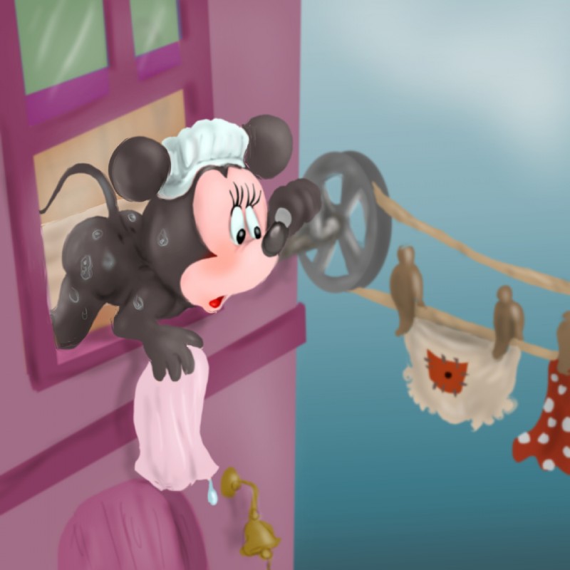 anthro black_nose bloomers bottomwear clothes_line clothing eyelashes female laundry nude shower_cap skirt solo towel wet funimal mousetache disney minnie_mouse mammal mouse murid murine rodent 1:1 2018 hi_res