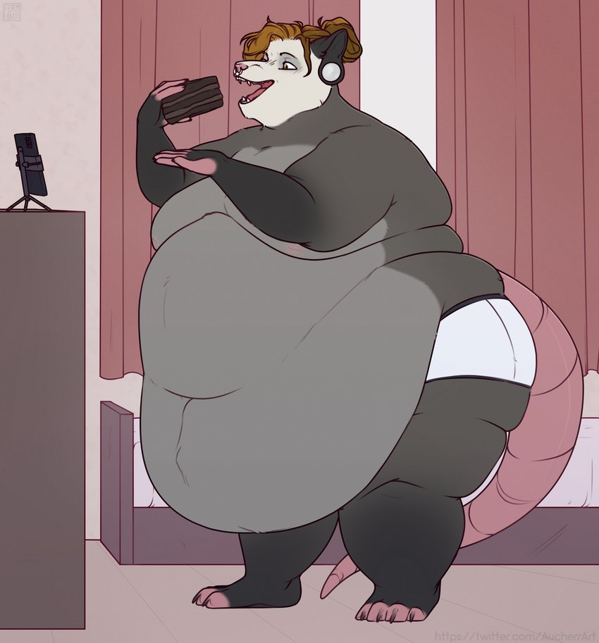 anthro bed bedroom belly big_belly black_body black_fur brown_eyes brown_hair cake clothing curtains dessert detailed_background dresser ear_piercing eating electronics fangs food fur furniture grey_body grey_fur hair hair_bun holding_food holding_object huge_belly long_hair looking_at_food looking_at_object male moobs navel open_mouth overweight overweight_male phone piercing pink_tail solo standing tail teeth tongue tripod underwear white_clothing white_underwear aucherr american_opossum mammal marsupial 2024 absurd_res hi_res