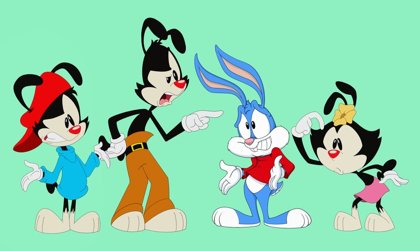 anthro barefoot clothing eye_contact feet female gloves group handwear looking_at_another male simple_background teeth scottforester17 animaniacs tiny_toon_adventures warner_brothers buster_bunny dot_warner wakko_warner yakko_warner inkblot lagomorph mammal absurd_res hi_res sibling_(lore)