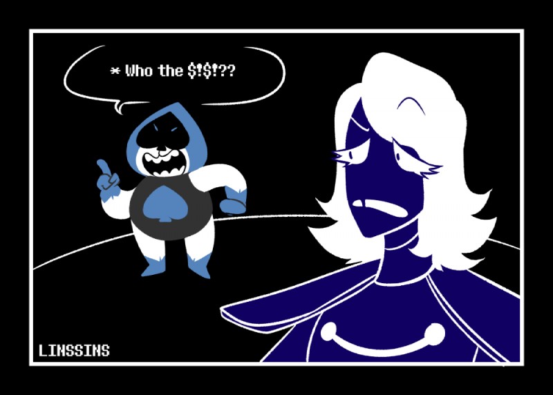 black_border border duo goo-connected_lips hair long_hair profanity simple_background spades_(suit) suit_symbol text linssins deltarune undertale_(series) lancer_(deltarune) rouxls_kaard darkner humanoid 2018 english_text