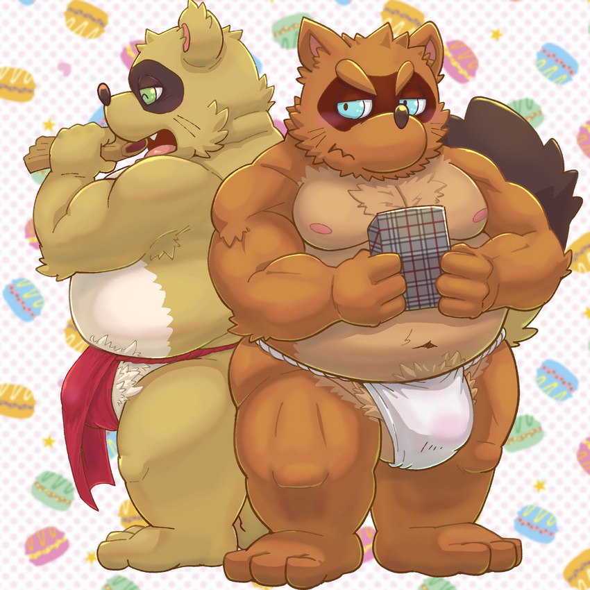 anthro asian_clothing balls belly big_belly blue_eyes blush brown_body brown_fur bulge clothing duo east_asian_clothing eating food fundoshi fur genitals green_eyes humanoid_hands japanese_clothing kemono male male/male moobs nipples overweight overweight_male red_clothing red_fundoshi red_underwear underwear white_clothing white_fundoshi white_underwear rockmai3 sengoku_puzzle shadow_ieyasu tokugawa_ieyasu canid canine mammal raccoon_dog tanuki 1:1 2023 hi_res