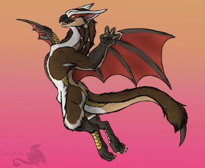 anthro brown_body brown_fur claws feet fluffy fur gold_scales happy jumping male membrane_(anatomy) membranous_wings paws scales soles solo tan_body tan_fur white_body white_fur wings yellow_eyes zirius capcom monster_hunter flying_wyvern nargacuga