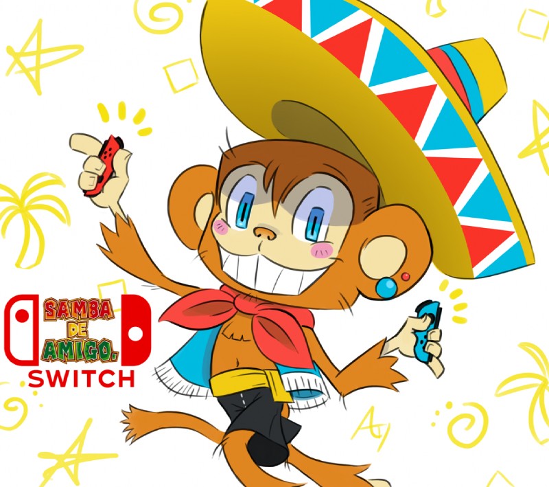 4_fingers anthro blue_eyes clothing controller fingers game_controller hat headgear headwear looking_at_viewer male simple_background smile solo sombrero notfornothin nintendo nintendo_switch samba_de_amigo sega amigo haplorhine mammal monkey primate 2017 digital_media_(artwork)