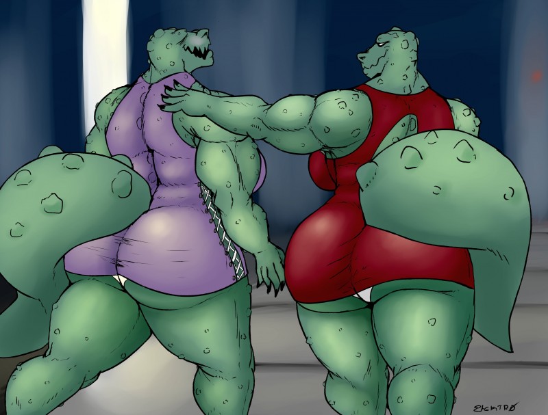 anthro big_breasts big_butt breasts butt clothing dress duo female muscular muscular_female panties underwear elektr0 croclady crocodile crocodilian reptile scalie absurd_res hi_res sibling_(lore) sister_(lore) sisters_(lore) twins_(lore)