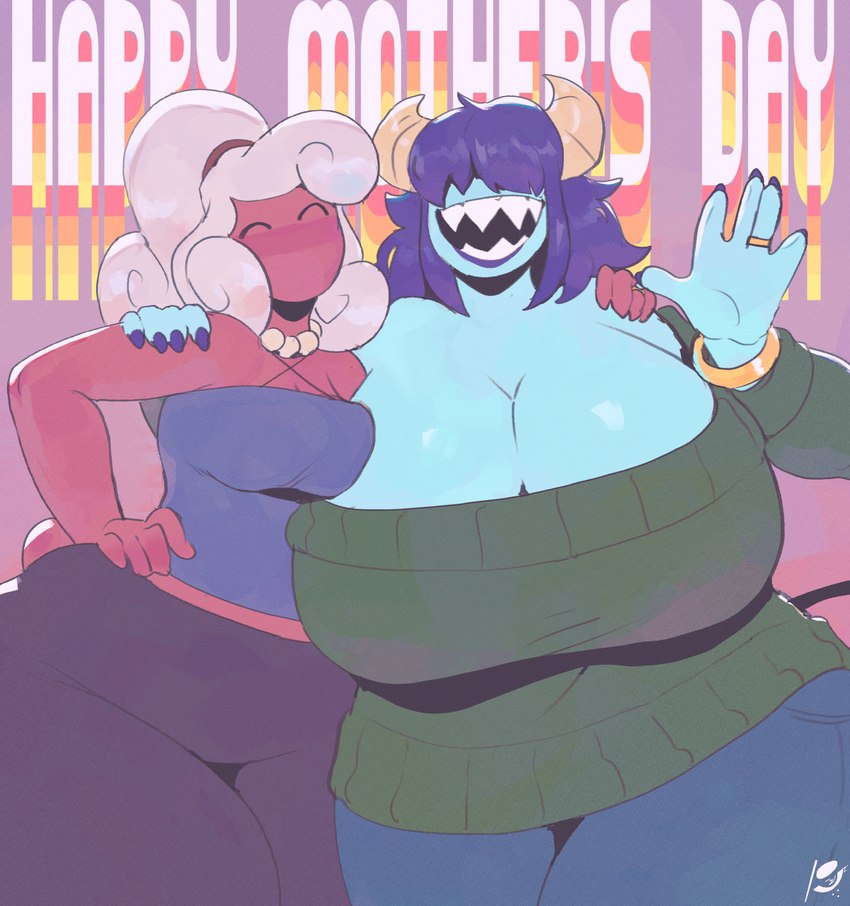 big_breasts blue_body breast_size_difference breasts cleavage clothed clothing duo female hair hair_over_eyes huge_breasts mature_female not_furry pink_body peculiart dandy_demons claudia_(peculiart) sue_(peculiart) demon demon_humanoid humanoid hi_res